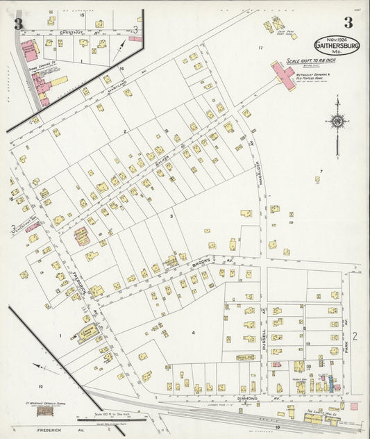 Sanborn Fire Insurance Map from Gaithersburg, Montgomery County, Maryland (1924), Sheet #0003 - Historic Sanborn Fire Insurance Map Print, vintage old map wall art