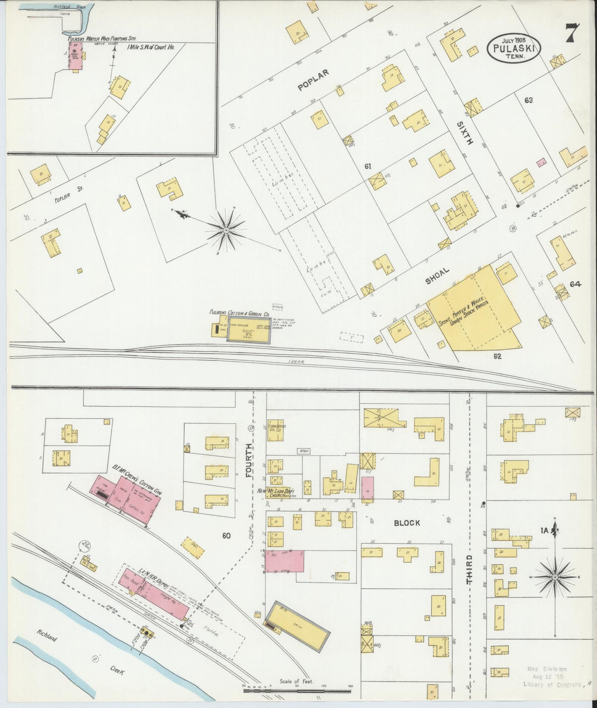 Sanborn Fire Insurance Map from Pulaski, Giles County, Tennessee (1905), Sheet #0007 - Complete Map Set gallery image, historic Sanborn map, vintage wall art, Tennessee Tennessee