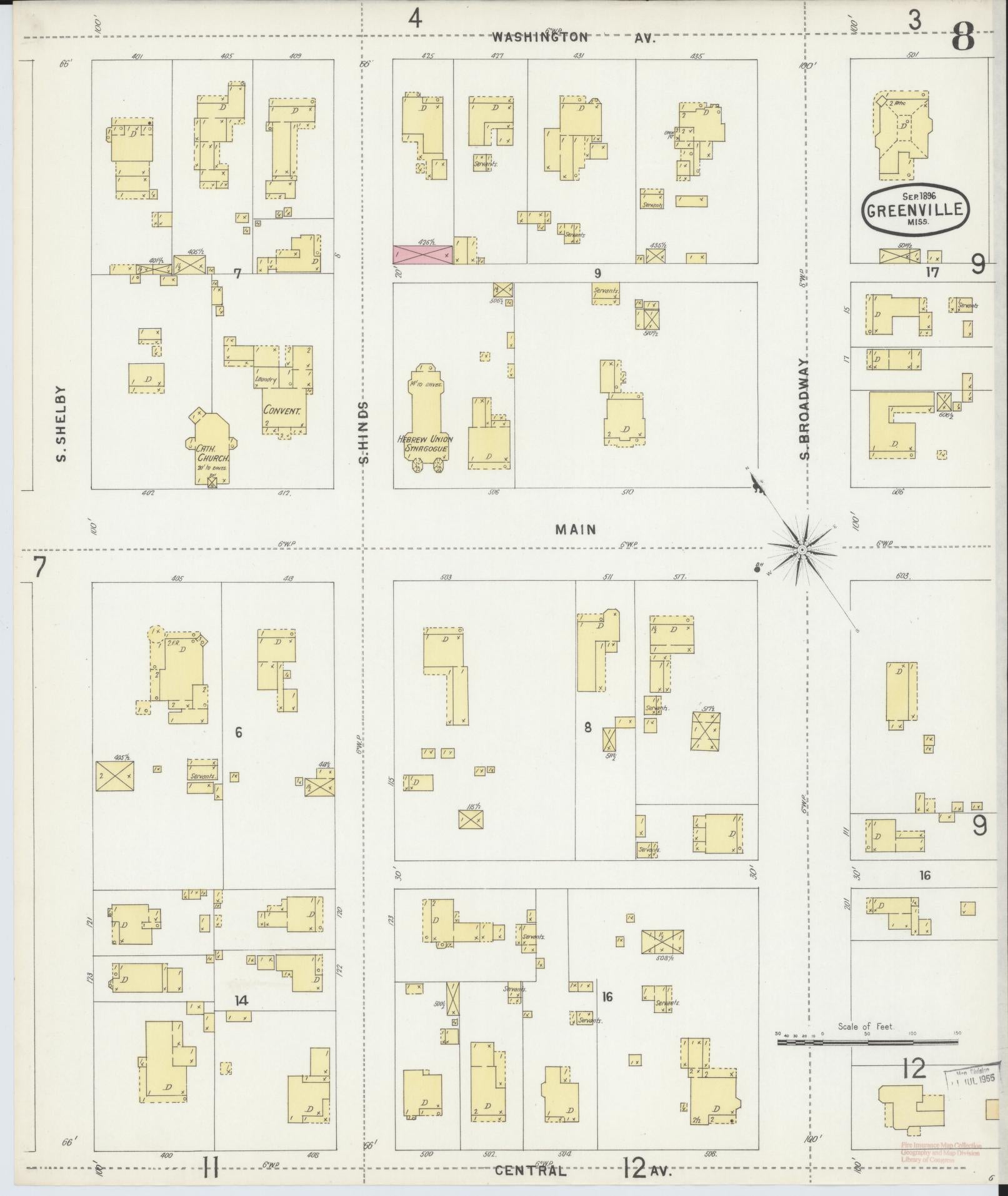 Sanborn Fire Insurance Map from Greenville, Washington County, Mississippi (1896), Sheet #0008 - Historic Sanborn Fire Insurance Map Print, vintage old map wall art, antique decor, genealogy gift, Mississippi Mississippi map