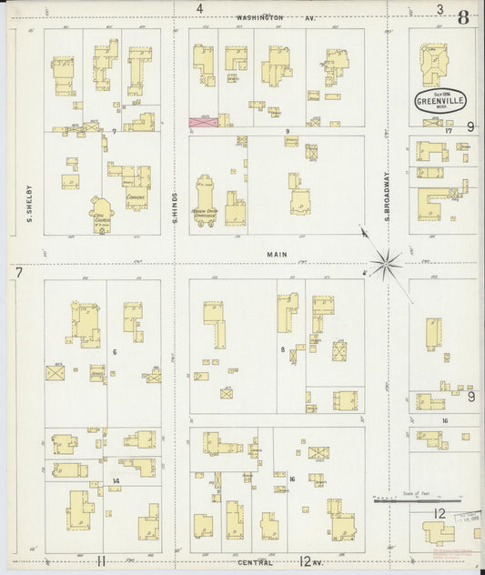 Sanborn Fire Insurance Map from Greenville, Washington County, Mississippi (1896), Sheet #0008 - Historic Sanborn Fire Insurance Map Print, vintage old map wall art, antique decor, genealogy gift, Mississippi Mississippi map