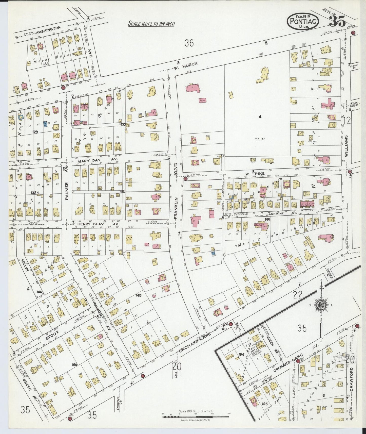 Sanborn Fire Insurance Map from Pontiac, Oakland County, Michigan (1919), Sheet #0035 - Complete Map Set gallery image, historic Sanborn map, vintage wall art, Michigan Michigan
