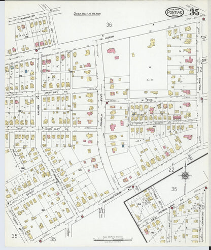 Sanborn Fire Insurance Map from Pontiac, Oakland County, Michigan (1919), Sheet #0035 - Complete Map Set gallery image, historic Sanborn map, vintage wall art, Michigan Michigan