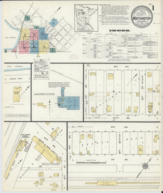 Sanborn Fire Insurance Map from Worthington, Nobles County, Minnesota (1913), Sheet #0001 - Historic Sanborn Fire Insurance Map Print, vintage old map wall art, antique decor, genealogy gift, Minnesota Minnesota map
