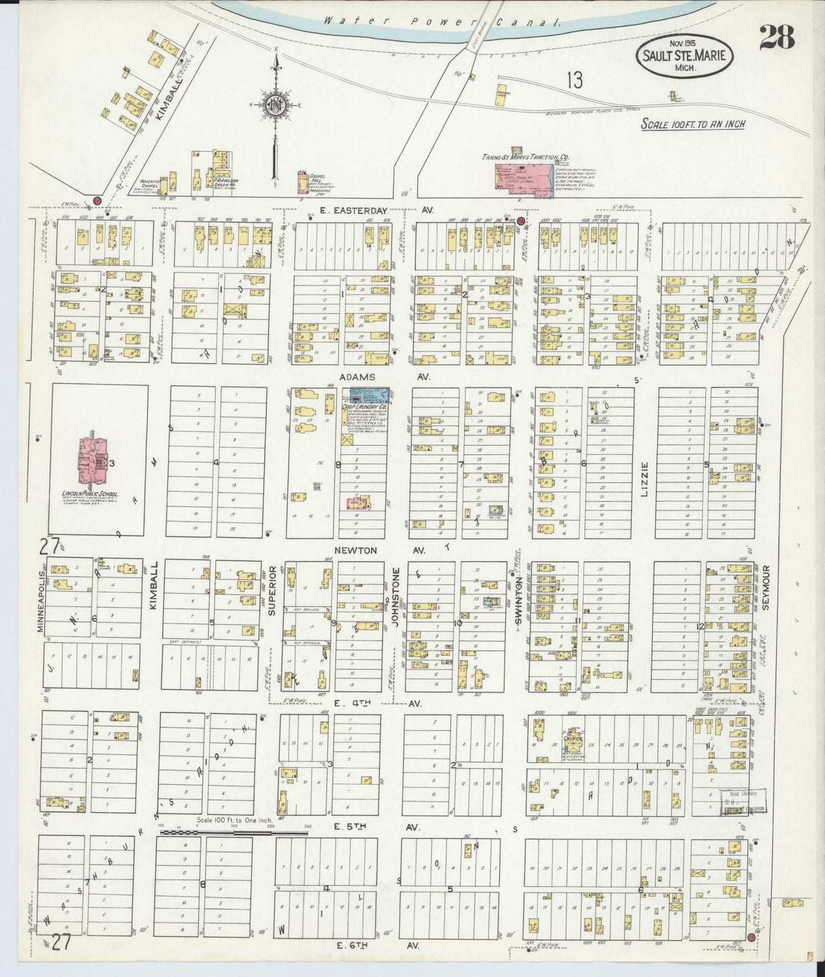 Sanborn Fire Insurance Map from Sault Sainte Marie, Chippewa County, Michigan (1915), Sheet #0028 - Historic Sanborn Fire Insurance Map Print, vintage old map wall art, antique decor, genealogy gift, Michigan Michigan map