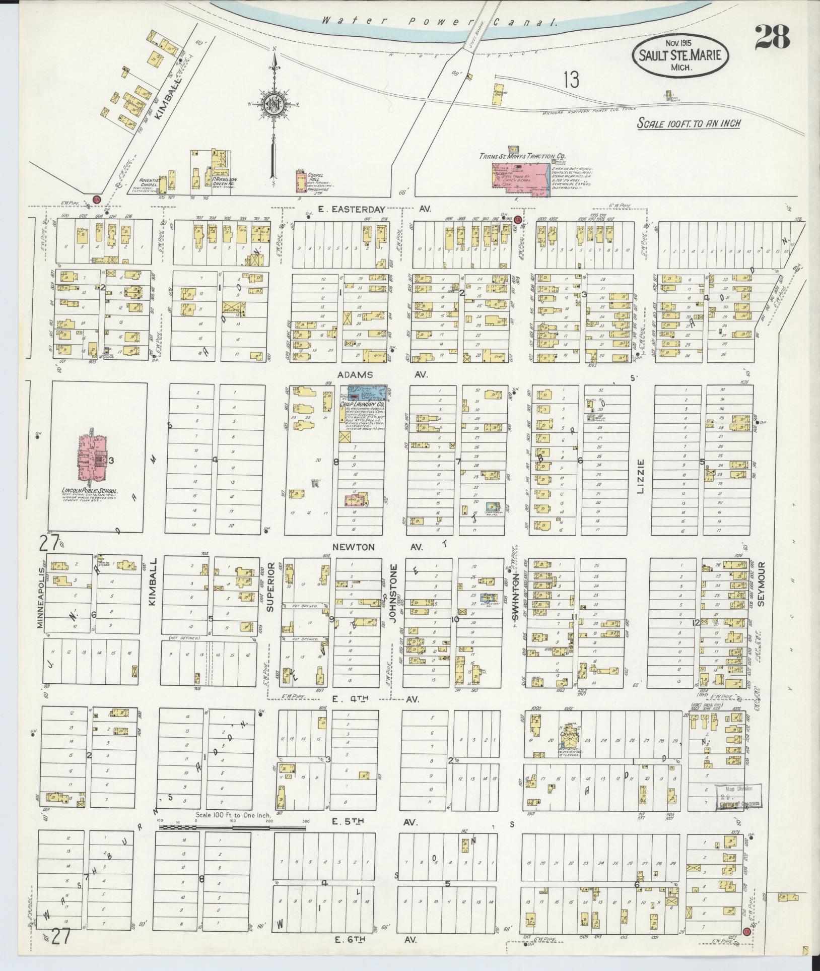 Sanborn Fire Insurance Map from Sault Sainte Marie, Chippewa County, Michigan (1915), Sheet #0028 - Historic Sanborn Fire Insurance Map Print, vintage old map wall art, antique decor, genealogy gift, Michigan Michigan map