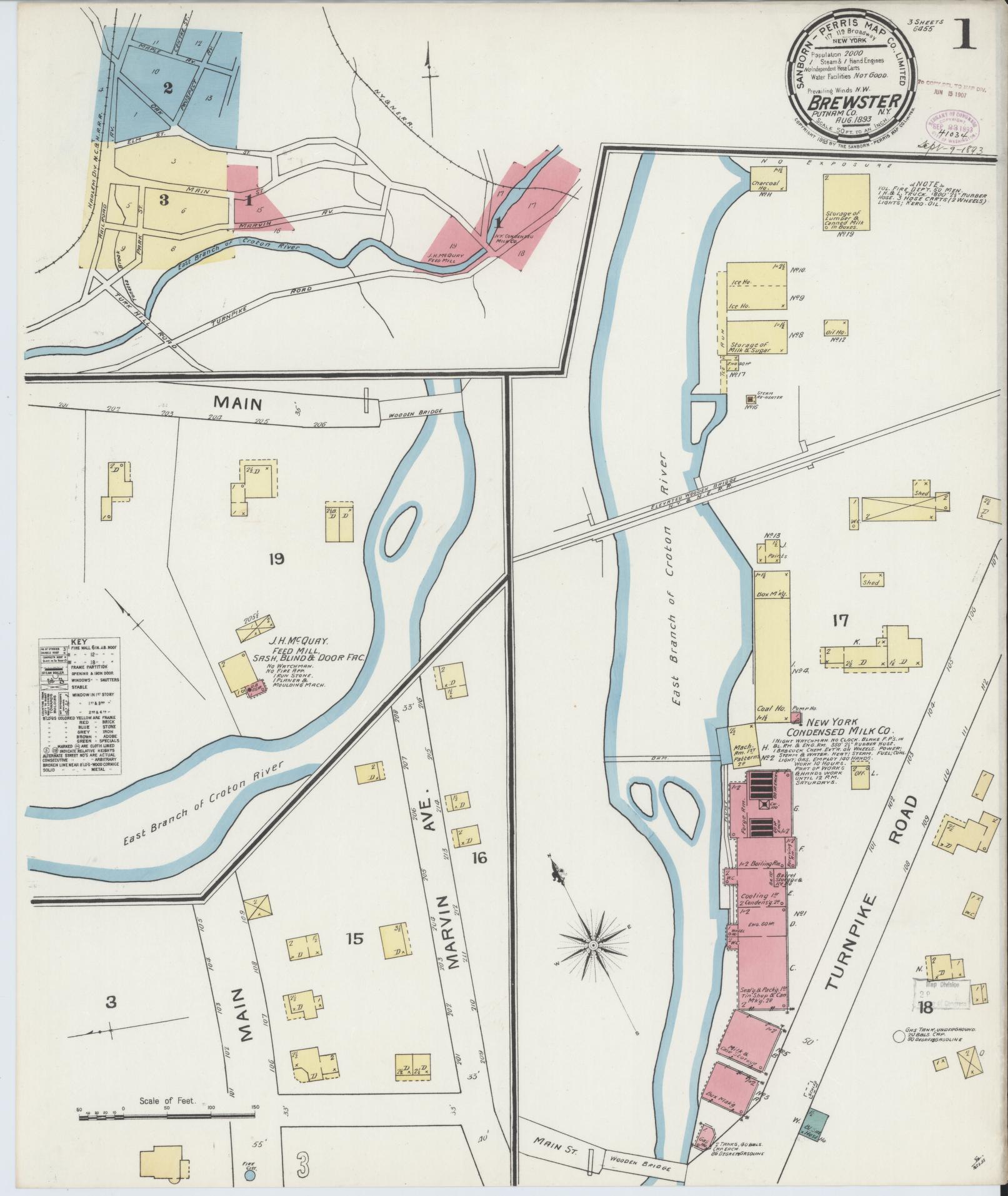 Sanborn Fire Insurance Map from Brewster, Putnam County, New York (1893), Sheet #0001 - Complete Map Set gallery image, historic Sanborn map, vintage wall art, New York New York