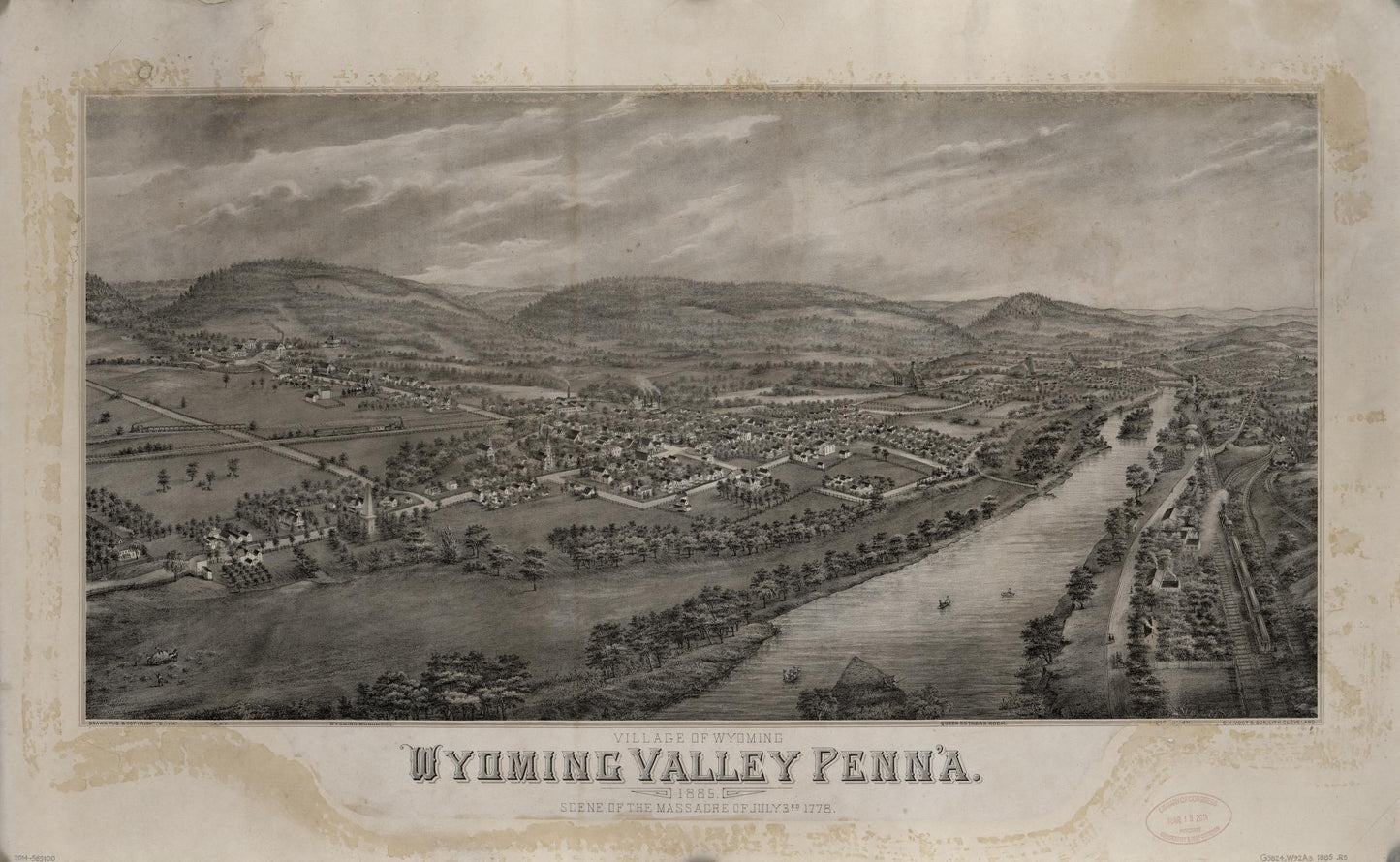 Village of Wyoming, Wyoming Valley Penn'a : scene of the massacre of July 3rd 1778 (1885) – Historic Bird’s-Eye View Panorama Print