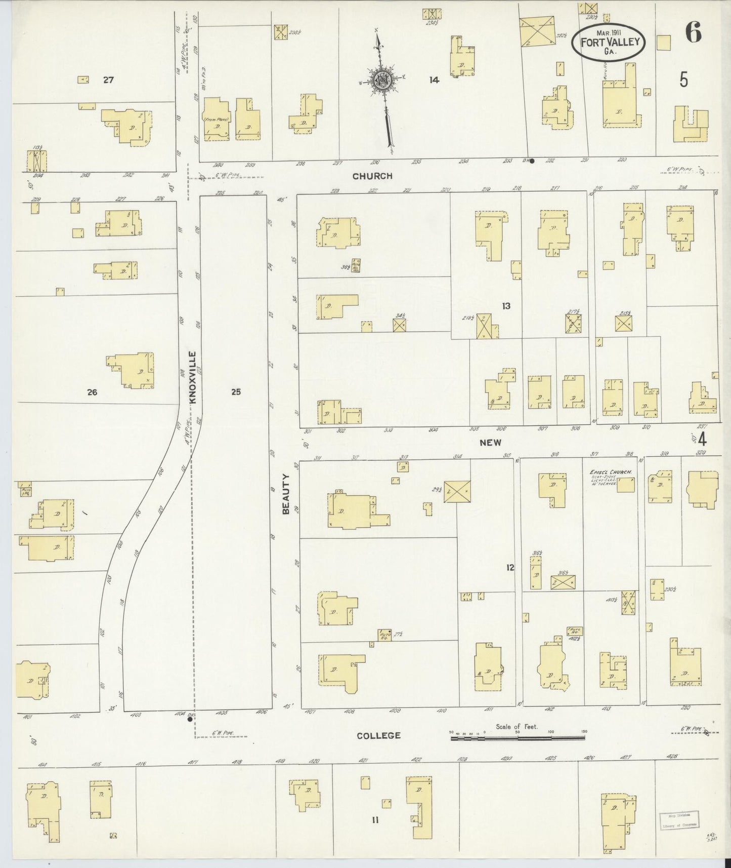 Sanborn Fire Insurance Map from Fort Valley, Peach County, Georgia (1911), Sheet #0006 - Historic Sanborn Fire Insurance Map Print, vintage old map wall art, antique decor, genealogy gift, Georgia Georgia map