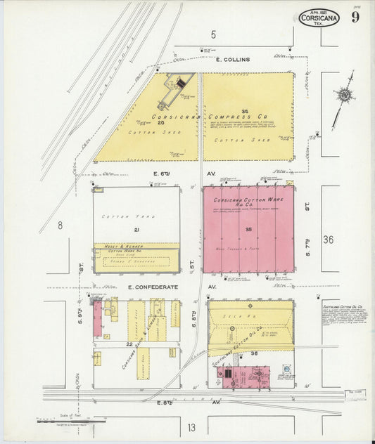 Sanborn Fire Insurance Map from Corsicana, Navarro County, Texas (1921), Sheet #0009 - Historic Sanborn Fire Insurance Map Print, vintage old map wall art, antique decor, genealogy gift, Texas Texas map
