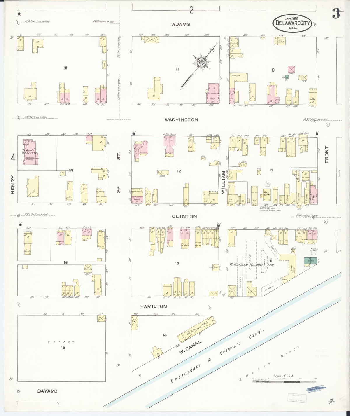 Sanborn Fire Insurance Map from Delaware City, New Castle County, Delaware (1910), Sheet #0003 - Historic Sanborn Fire Insurance Map Print, vintage old map wall art, antique decor, genealogy gift, Delaware Delaware map
