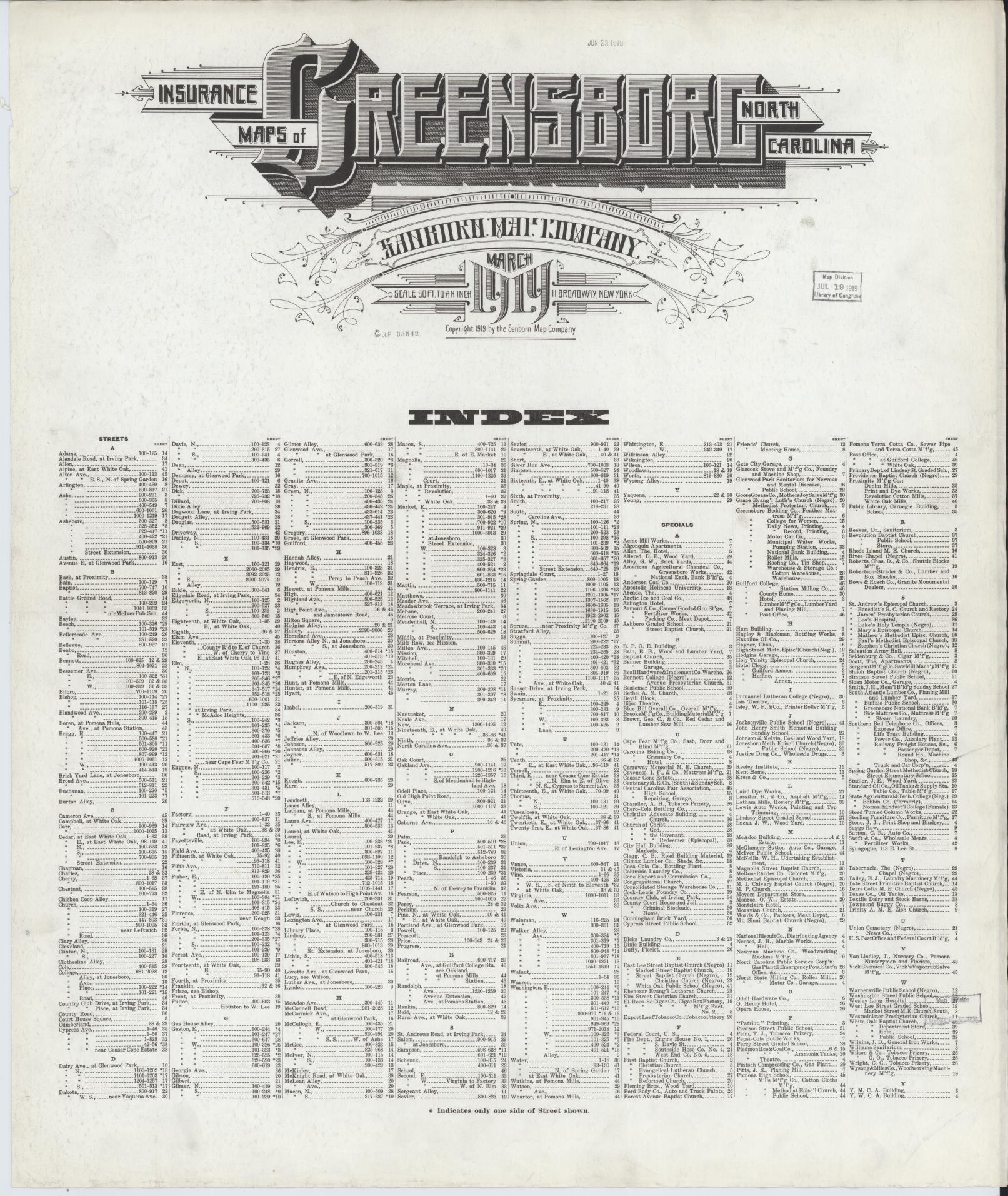 Sanborn Fire Insurance Map from Greensboro, Guilford County, North Carolina (1919), Sheet #0001 - Historic Sanborn Fire Insurance Map Print, vintage old map wall art, antique decor, genealogy gift, North Carolina North Carolina map