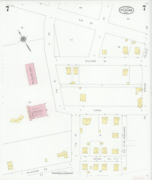 Sanborn Fire Insurance Map from Picayune, Pearl River County, Mississippi (1929), Sheet #0007 - Historic Sanborn Fire Insurance Map Print, vintage old map wall art, antique decor, genealogy gift, Mississippi Mississippi map