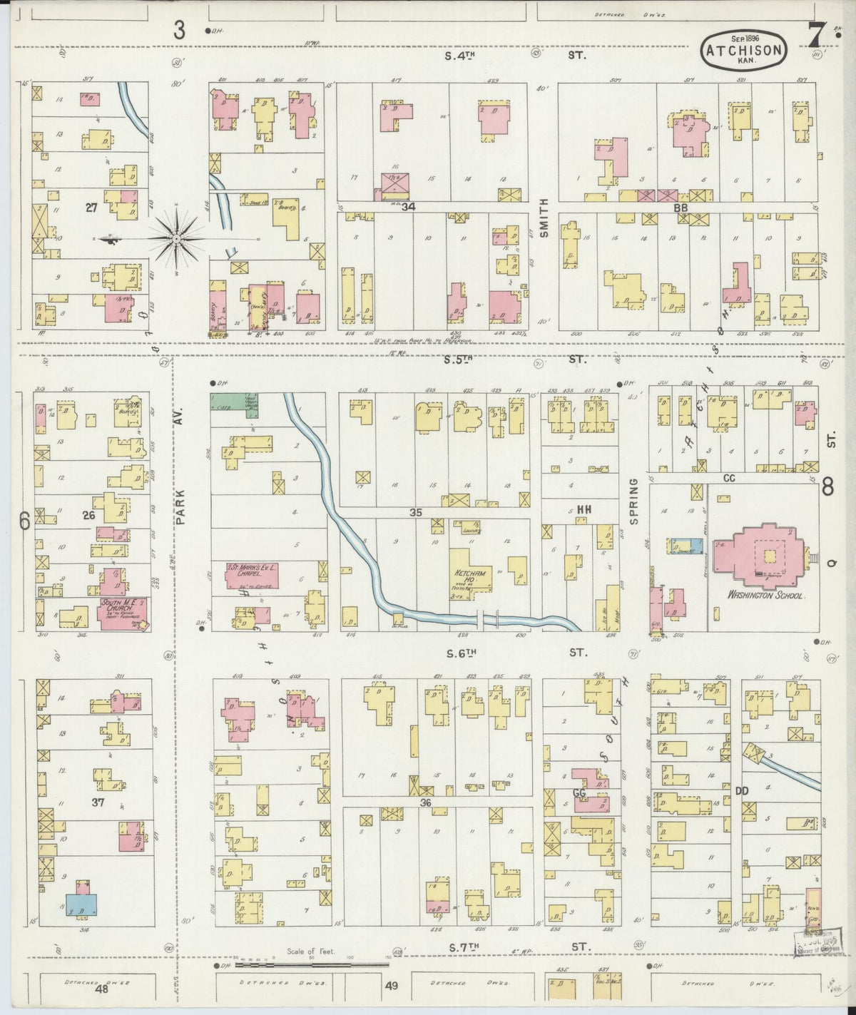 Sanborn Fire Insurance Map from Atchison, Atchison County, Kansas (1896), Sheet #0007 - Historic Sanborn Fire Insurance Map Print, vintage old map wall art, antique decor, genealogy gift, Kansas Kansas map