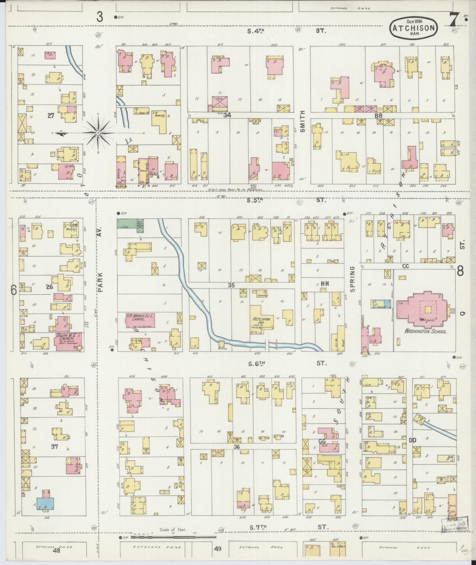 Sanborn Fire Insurance Map from Atchison, Atchison County, Kansas (1896), Sheet #0007 - Historic Sanborn Fire Insurance Map Print, vintage old map wall art, antique decor, genealogy gift, Kansas Kansas map