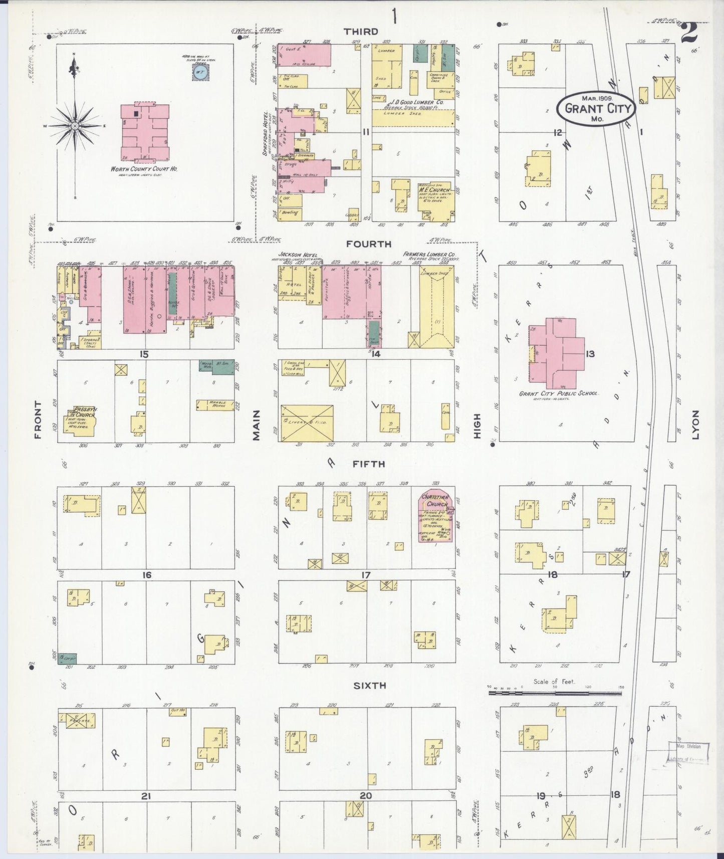 Sanborn Fire Insurance Map from Grant City, Worth County, Missouri (1909), Sheet #0002 - Historic Sanborn Fire Insurance Map Print, vintage old map wall art, antique decor, genealogy gift, Missouri Missouri map