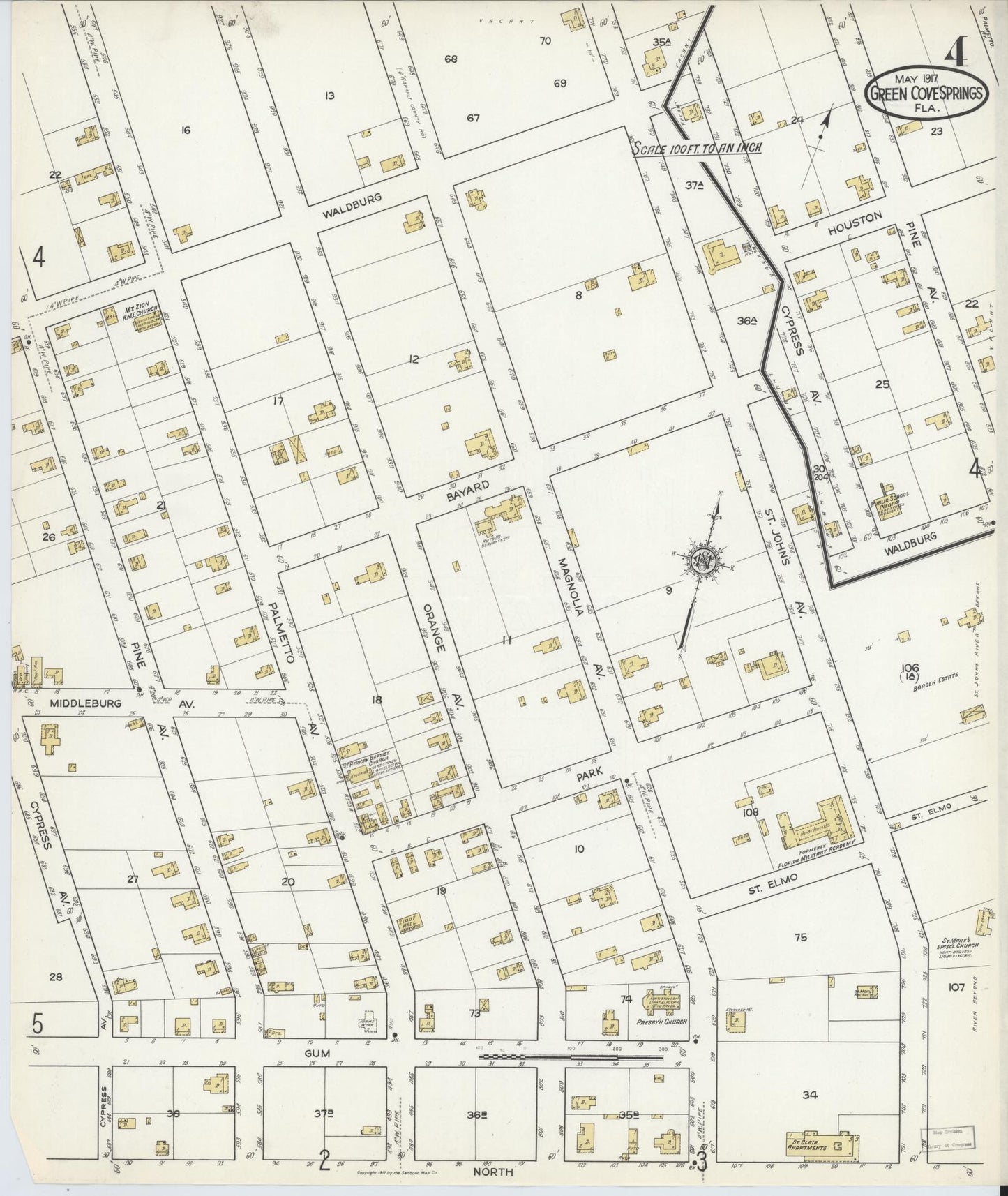 Sanborn Fire Insurance Map from Green Cove Springs, Clay County, Florida (1917), Sheet #0004 - Historic Sanborn Fire Insurance Map Print, vintage old map wall art, antique decor, genealogy gift, Florida Florida map