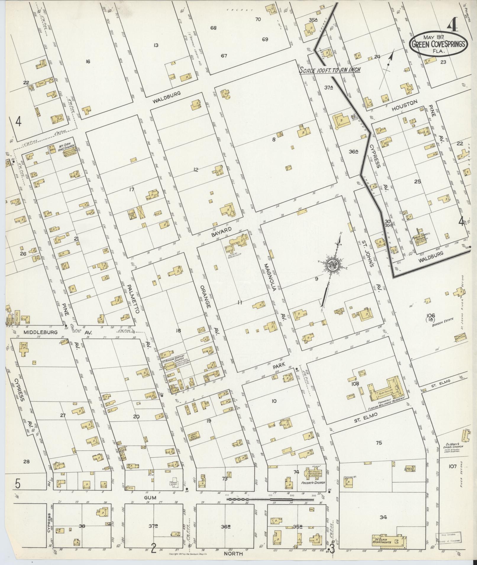 Sanborn Fire Insurance Map from Green Cove Springs, Clay County, Florida (1917), Sheet #0004 - Historic Sanborn Fire Insurance Map Print, vintage old map wall art, antique decor, genealogy gift, Florida Florida map