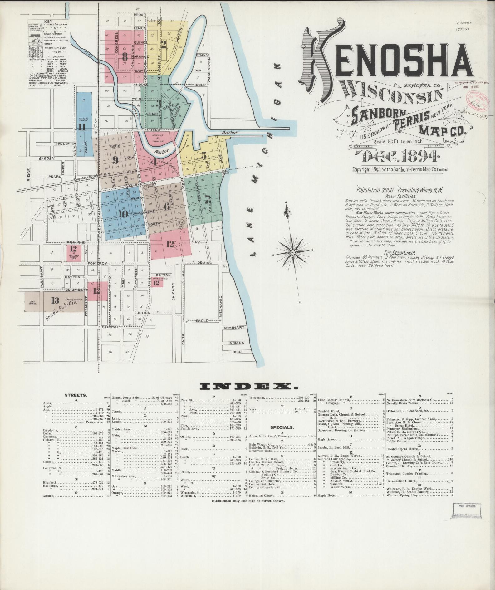 Sanborn Fire Insurance Map from Kenosha, Kenosha County, Wisconsin (1894), Sheet #0001 - Historic Sanborn Fire Insurance Map Print, vintage old map wall art, antique decor, genealogy gift, Wisconsin Wisconsin map