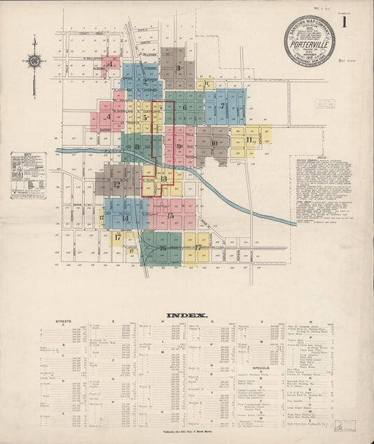 Sanborn Fire Insurance Map from Porterville, Tulare County, California (1912), Sheet #0001 - Complete Map Set gallery image, historic Sanborn map, vintage wall art, California California