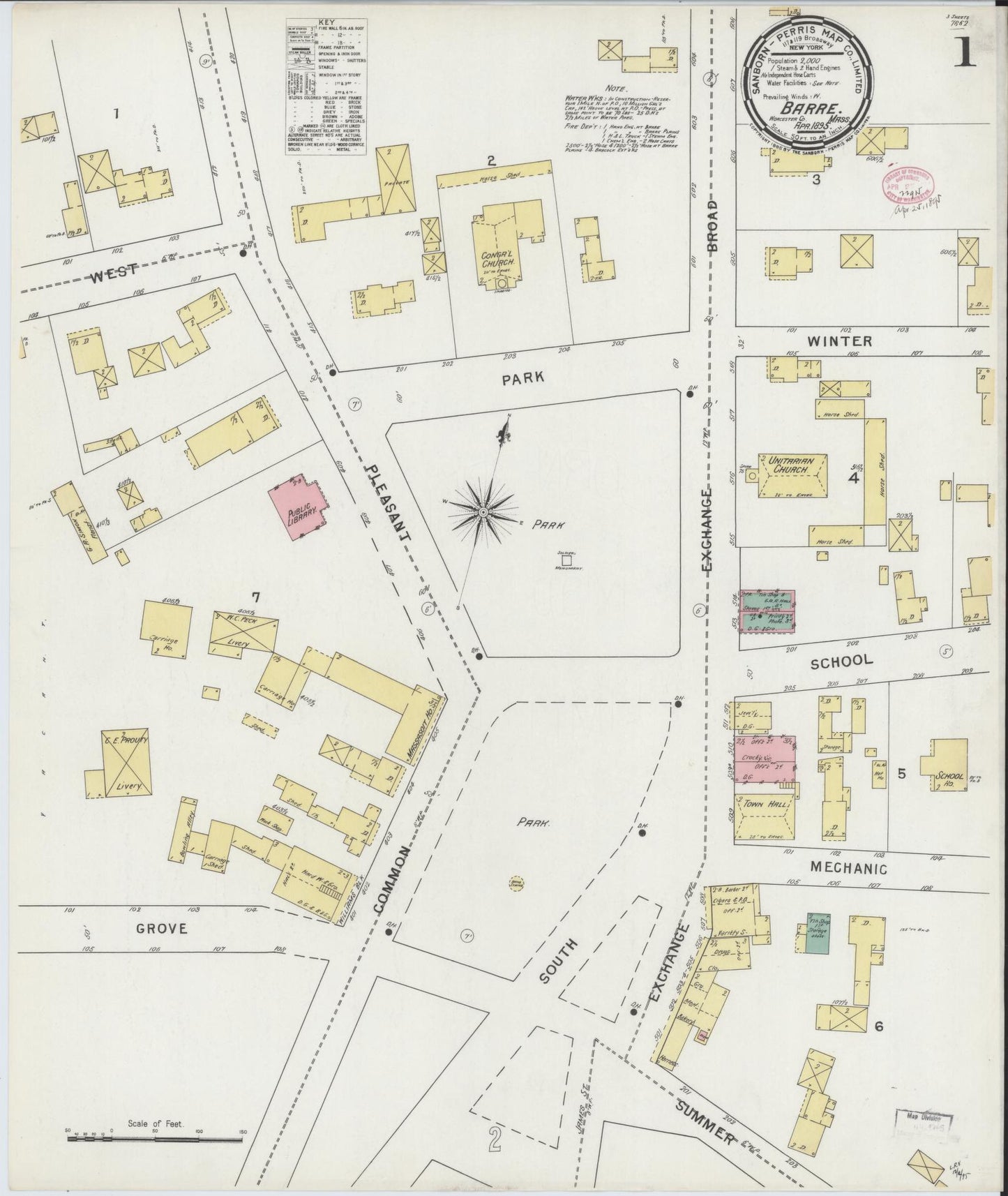 Sanborn Fire Insurance Map from Barre, Worcester County, Massachusetts (1895), Sheet #0001 - Historic Sanborn Fire Insurance Map Print, vintage old map wall art, antique decor, genealogy gift, Massachusetts Massachusetts map
