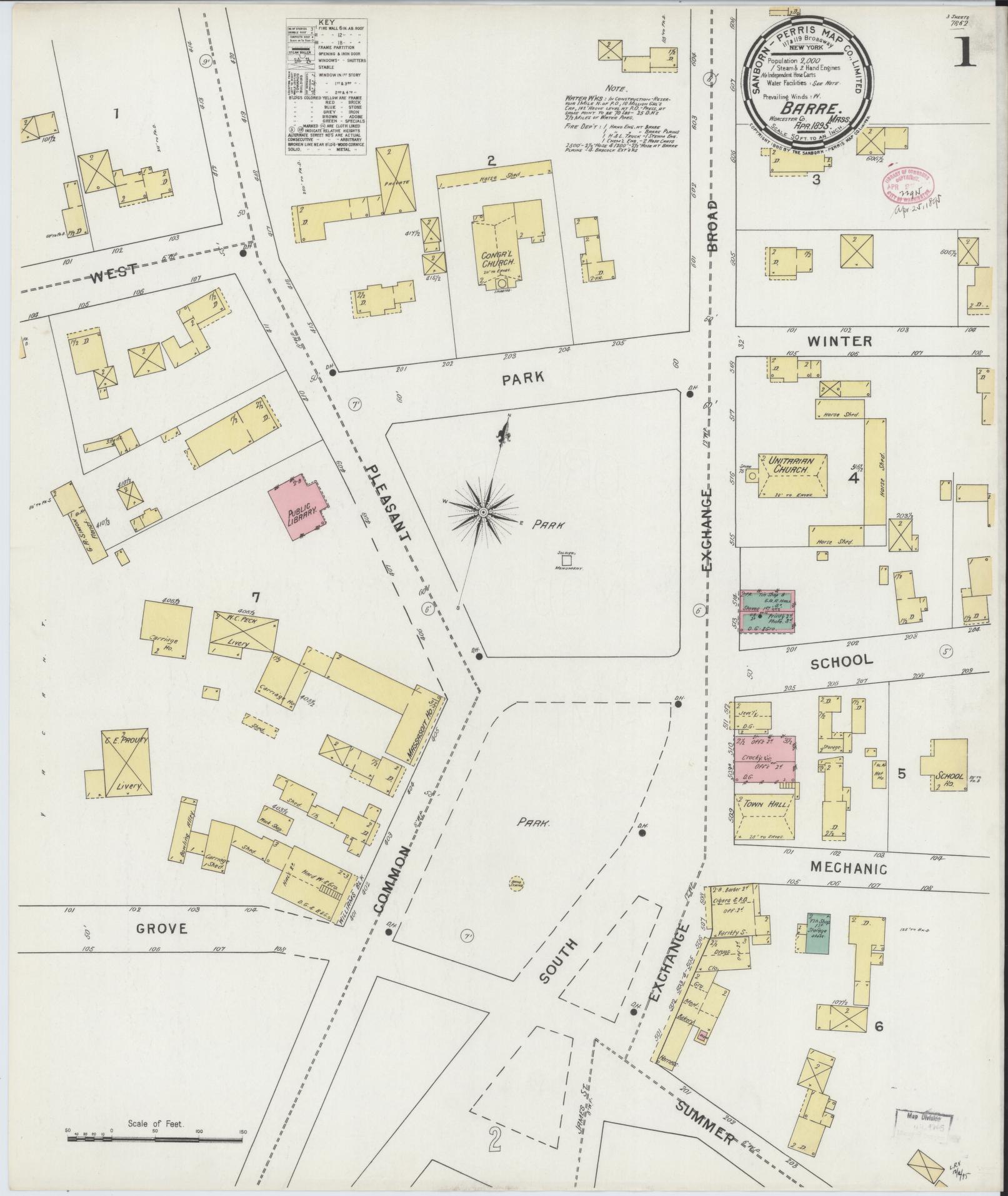 Sanborn Fire Insurance Map from Barre, Worcester County, Massachusetts (1895), Sheet #0001 - Historic Sanborn Fire Insurance Map Print, vintage old map wall art, antique decor, genealogy gift, Massachusetts Massachusetts map