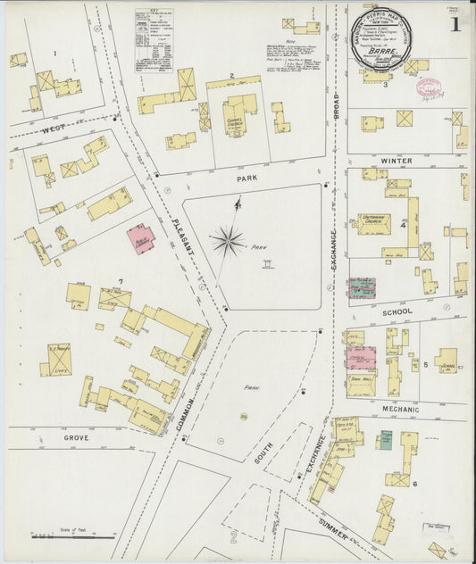 Sanborn Fire Insurance Map from Barre, Worcester County, Massachusetts (1895), Sheet #0001 - Historic Sanborn Fire Insurance Map Print, vintage old map wall art, antique decor, genealogy gift, Massachusetts Massachusetts map