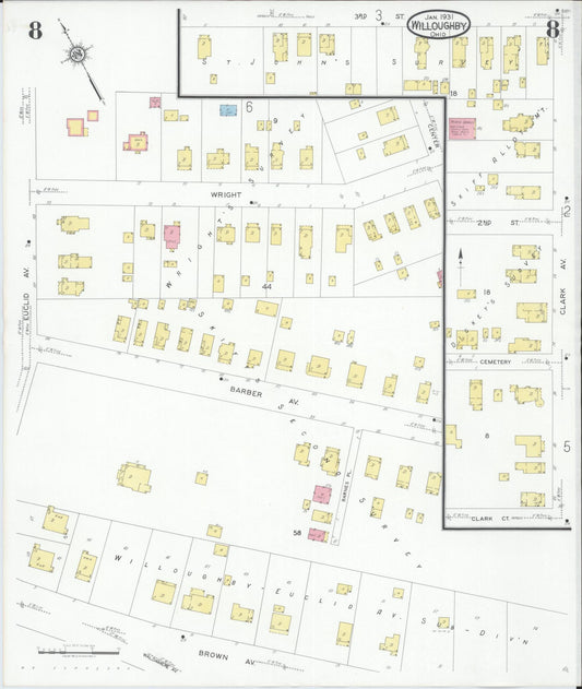 Sanborn Fire Insurance Map from Willoughby, Lake County, Ohio (1931), Sheet #0008 - Historic Sanborn Fire Insurance Map Print, vintage old map wall art, antique decor, genealogy gift, Ohio Ohio map
