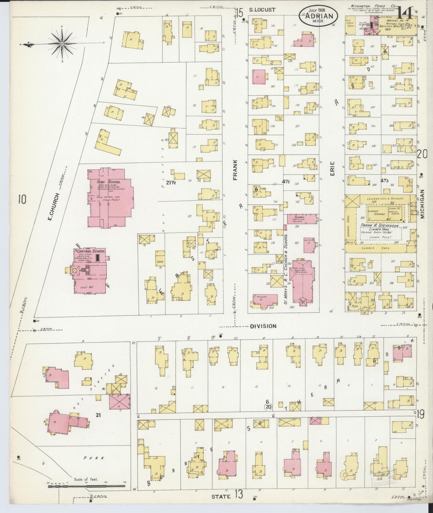 Sanborn Fire Insurance Map from Adrian, Lenawee County, Michigan (1908), Sheet #0014 - Complete Map Set gallery image, historic Sanborn map, vintage wall art, Michigan Michigan