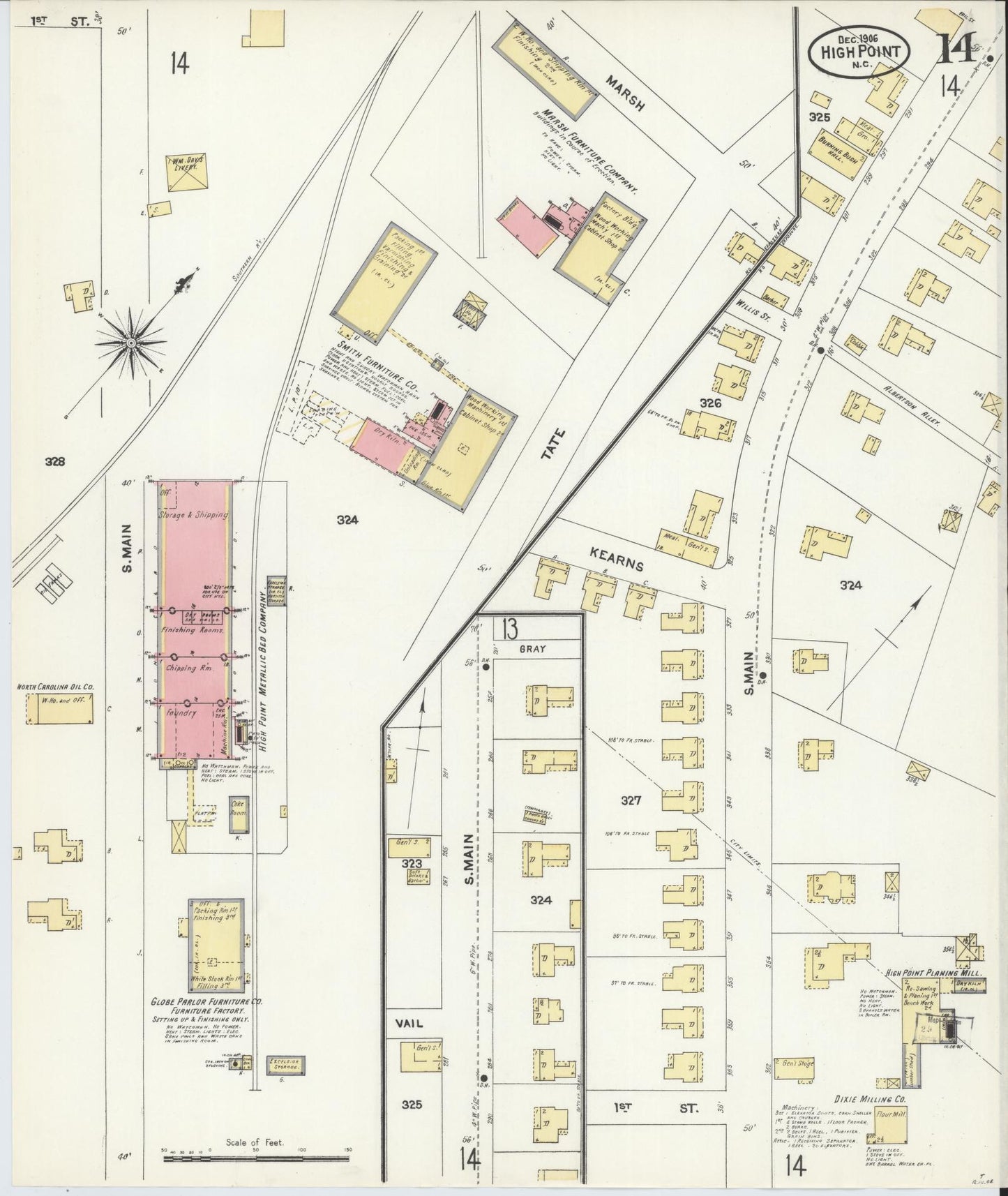 Sanborn Fire Insurance Map from High Point, Guilford County, North Carolina (1906), Sheet #0014 - Historic Sanborn Fire Insurance Map Print, vintage old map wall art, antique decor, genealogy gift, North Carolina North Carolina map