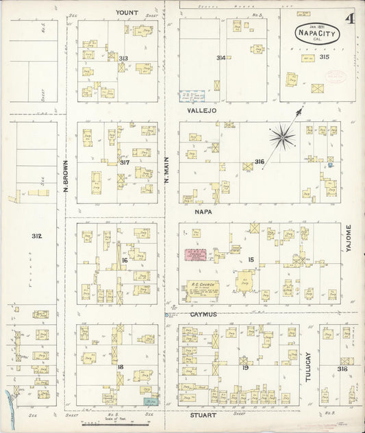 Sanborn Fire Insurance Map from Napa, Napa County, California (1891), Sheet #0004 - Historic Sanborn Fire Insurance Map Print, vintage old map wall art, antique decor, genealogy gift, California California map