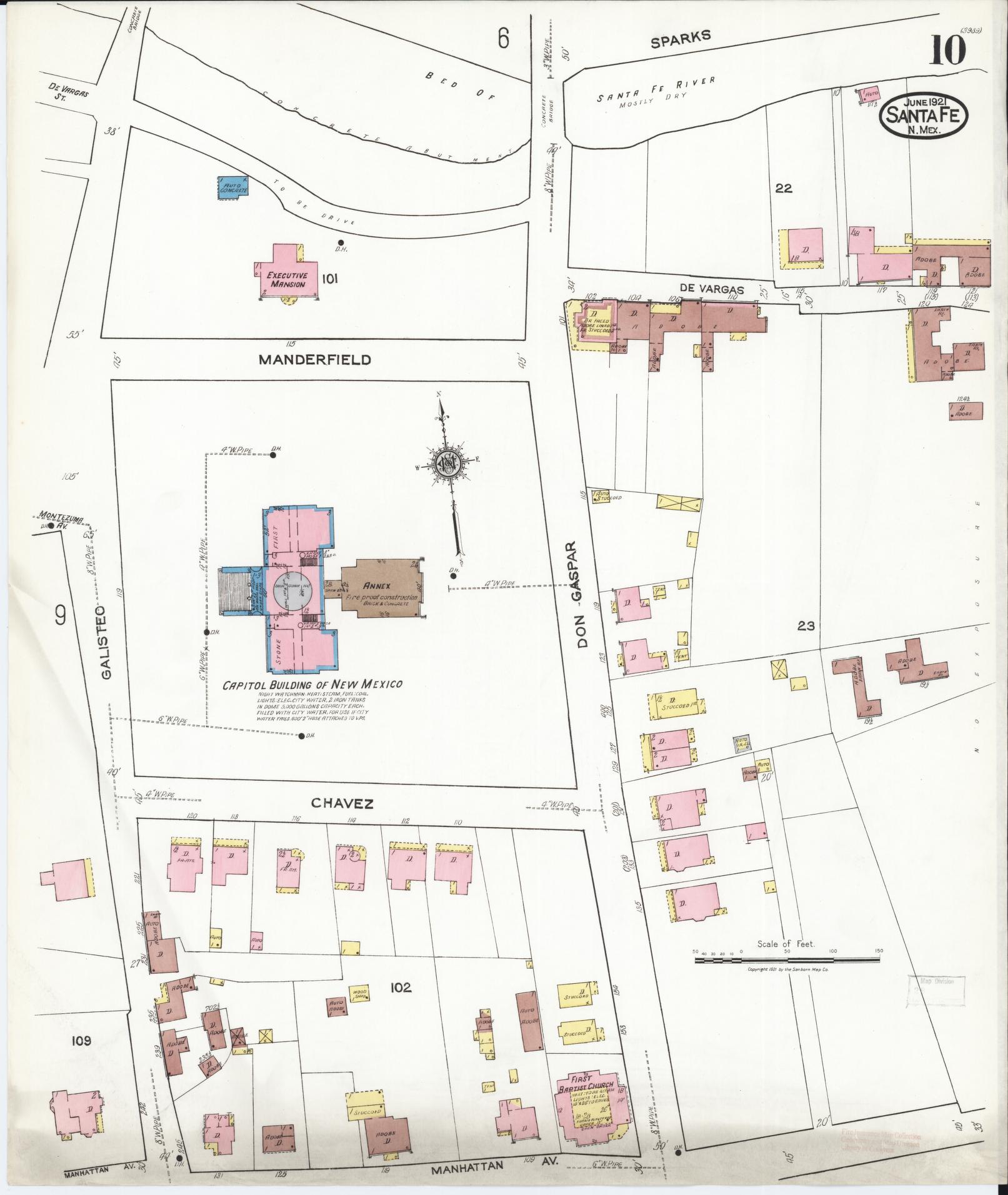 Sanborn Fire Insurance Map from Santa Fe, Santa Fe County, New Mexico (1921), Sheet #0010 - Complete Map Set gallery image, historic Sanborn map, vintage wall art, New Mexico New Mexico