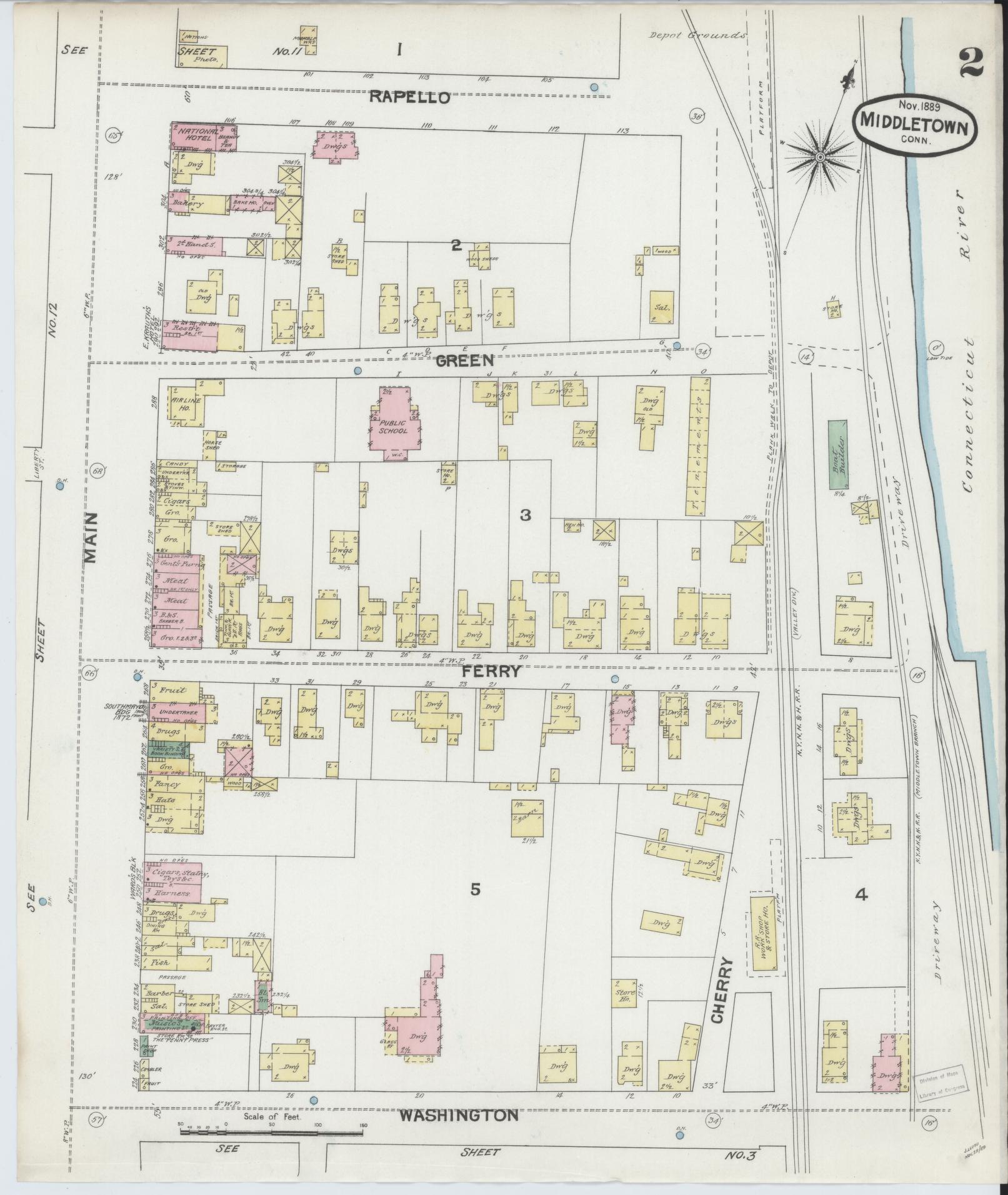 Sanborn Fire Insurance Map from Middletown, Middlesex County, Connecticut (1889), Sheet #0002 - Complete Map Set gallery image, historic Sanborn map, vintage wall art, Connecticut Connecticut