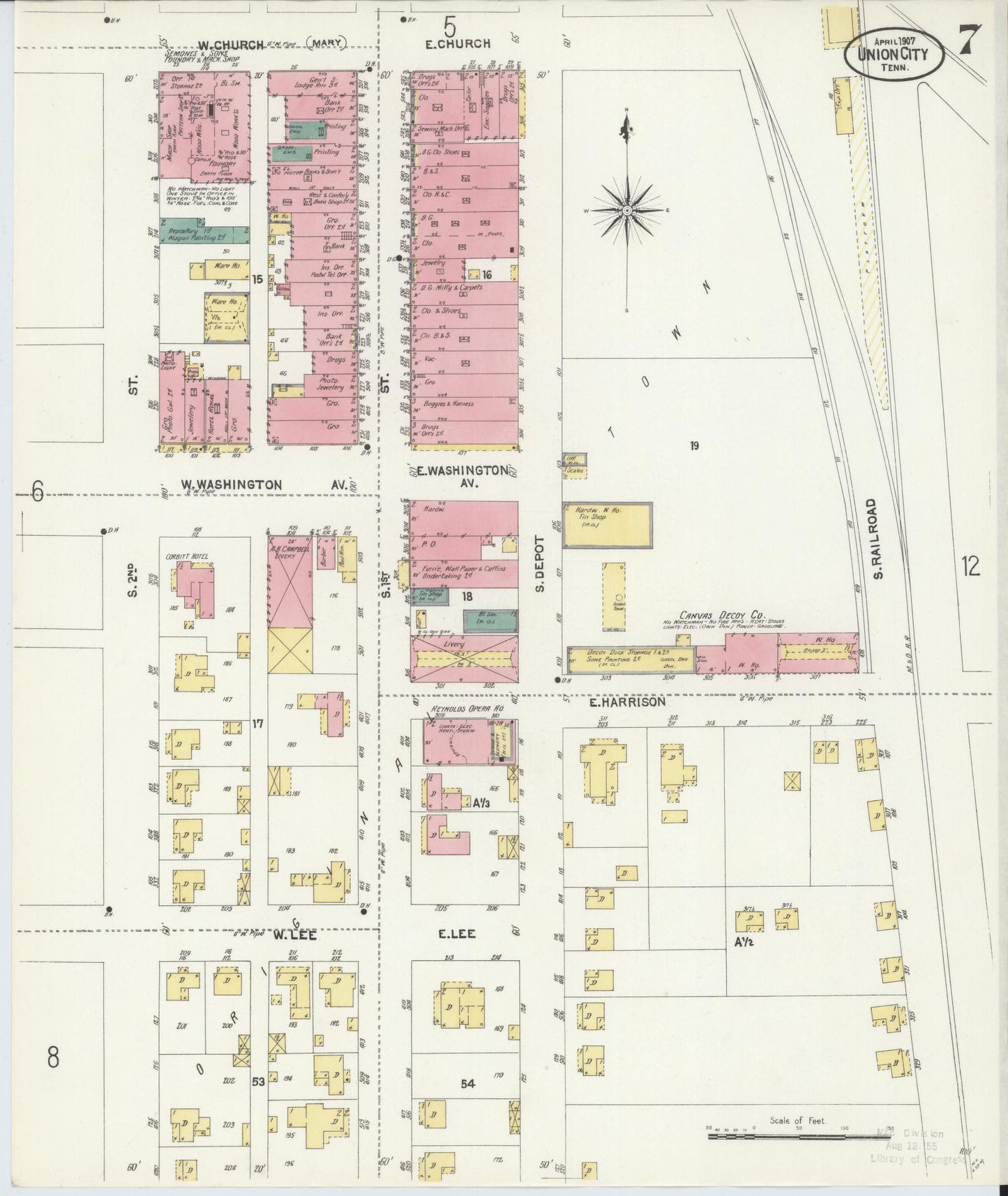 Sanborn Fire Insurance Map from Union City, Obion County, Tennessee (1907), Sheet #0007 - Complete Map Set gallery image, historic Sanborn map, vintage wall art, Tennessee Tennessee