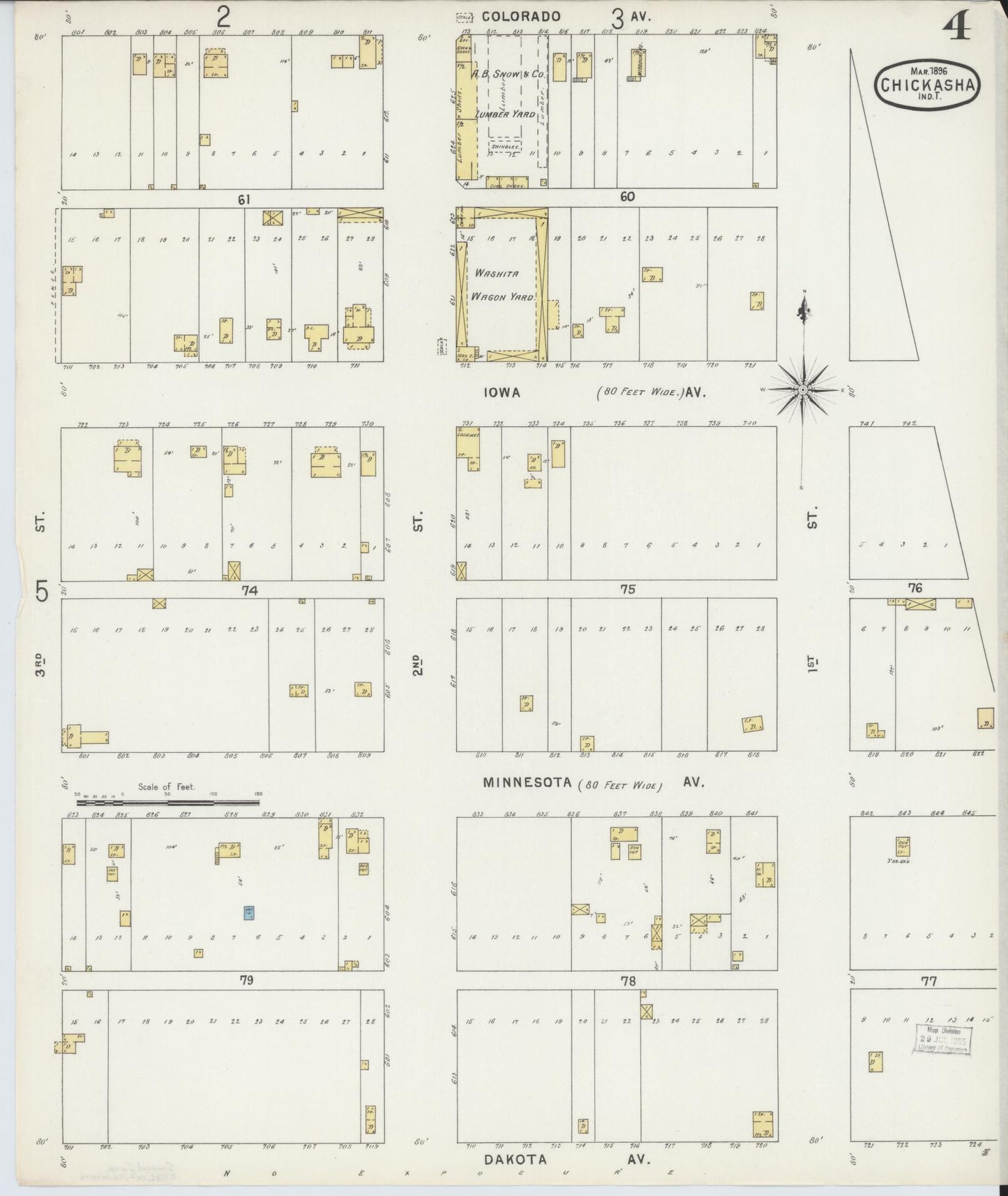 Sanborn Fire Insurance Map from Chickasha, Grady County, Oklahoma (1896), Sheet #0004 - Complete Map Set gallery image, historic Sanborn map, vintage wall art, Oklahoma Oklahoma