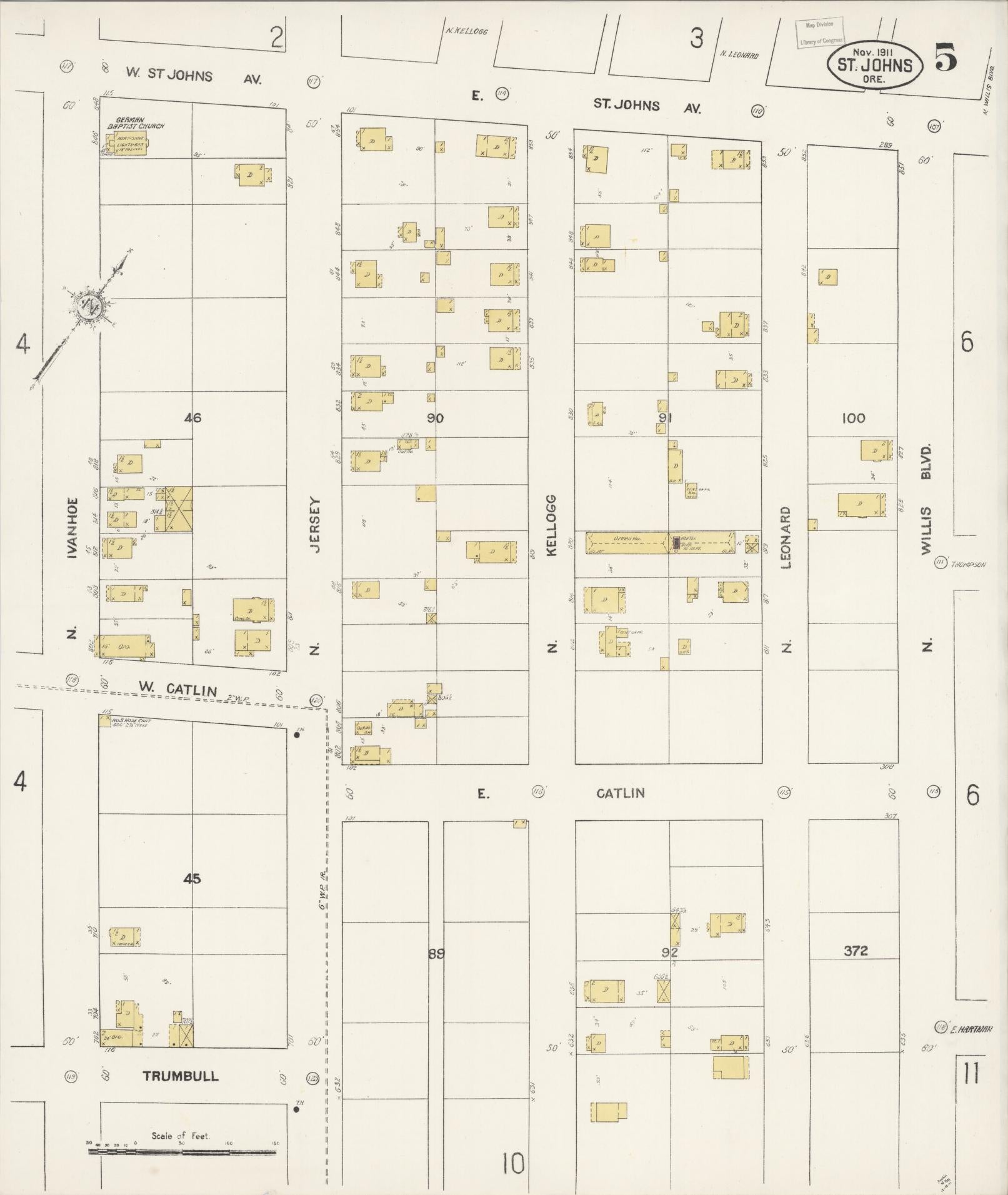 Sanborn Fire Insurance Map from Saint Johns, Multnomah County, Oregon (1911), Sheet #0005 - Historic Sanborn Fire Insurance Map Print, vintage old map wall art, antique decor, genealogy gift, Oregon Oregon map
