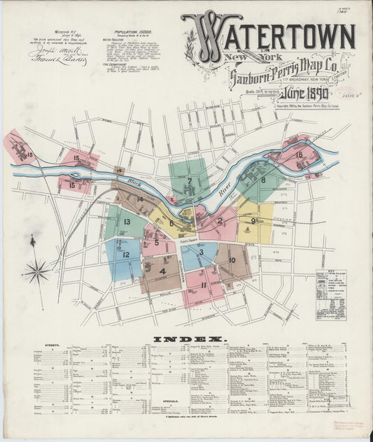 Sanborn Fire Insurance Map from Watertown, Jefferson County, New York (1890), Sheet #0001 - Historic Sanborn Fire Insurance Map Print, vintage old map wall art, antique decor, genealogy gift, New York New York map