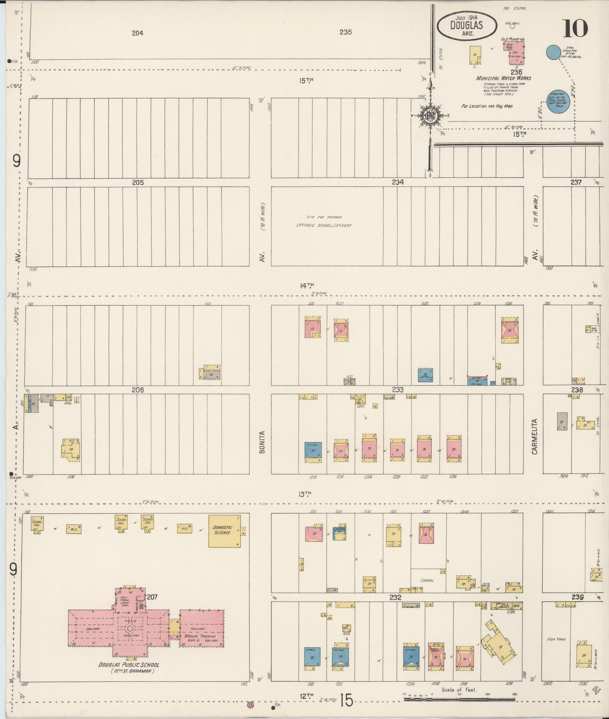 Sanborn Fire Insurance Map from Douglas, Cochise County, Arizona (1914), Sheet #0010 - Historic Sanborn Fire Insurance Map Print, vintage old map wall art, antique decor, genealogy gift, Arizona Arizona map