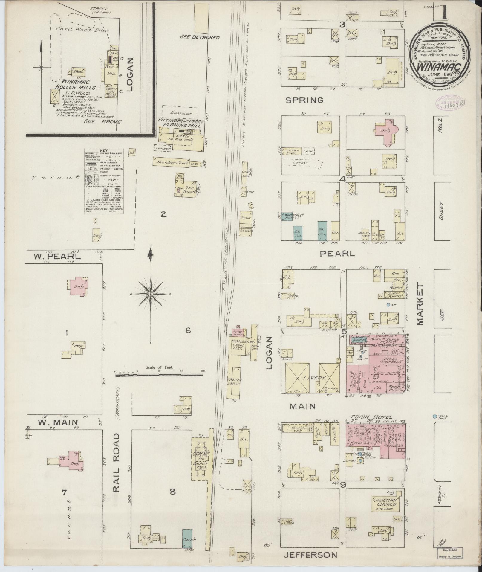 Sanborn Fire Insurance Map from Winamac, Pulaski County, Indiana (1886), Sheet #0001 - Complete Map Set gallery image, historic Sanborn map, vintage wall art, Indiana Indiana