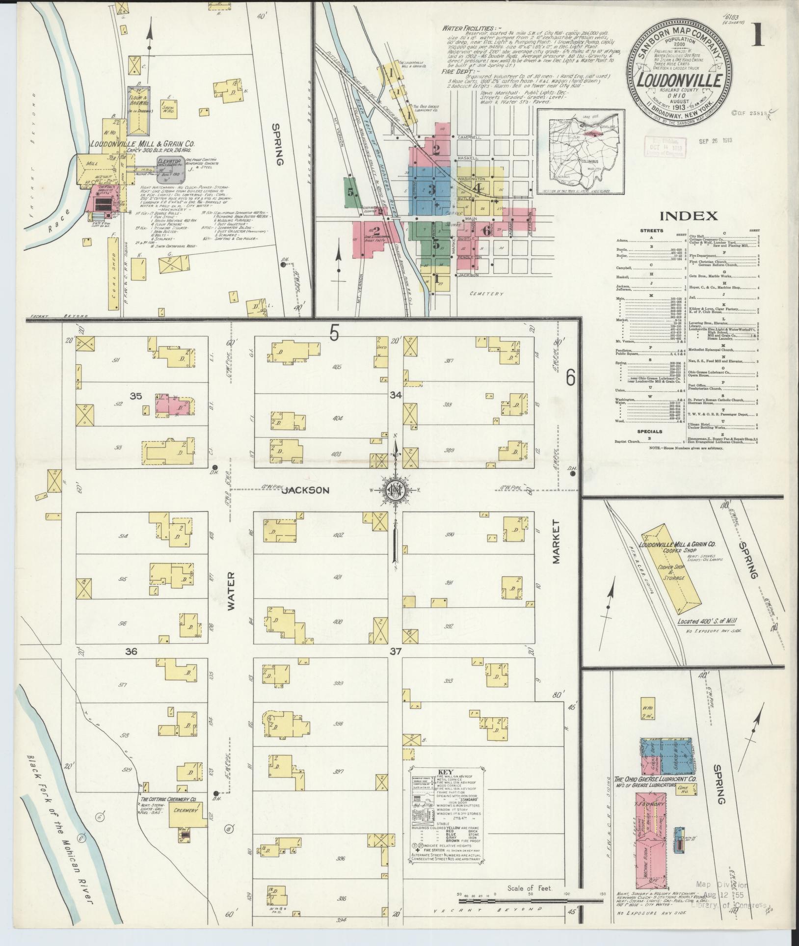 Sanborn Fire Insurance Map from Loudonville, Ashland County, Ohio (1913), Sheet #0001 - Historic Sanborn Fire Insurance Map Print, vintage old map wall art, antique decor, genealogy gift, Ohio Ohio map