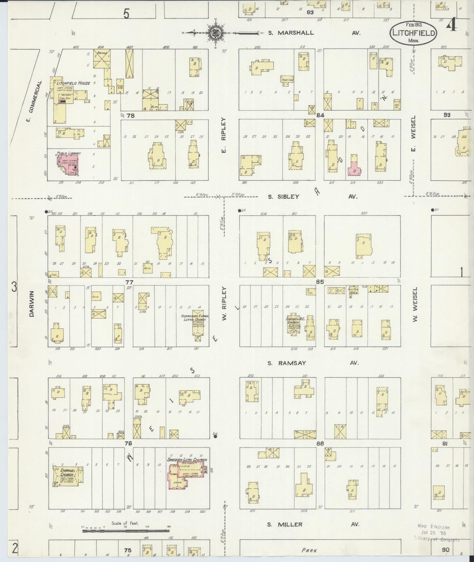 Sanborn Fire Insurance Map from Litchfield, Meeker County, Minnesota (1913), Sheet #0004 - Historic Sanborn Fire Insurance Map Print, vintage old map wall art, antique decor, genealogy gift, Minnesota Minnesota map