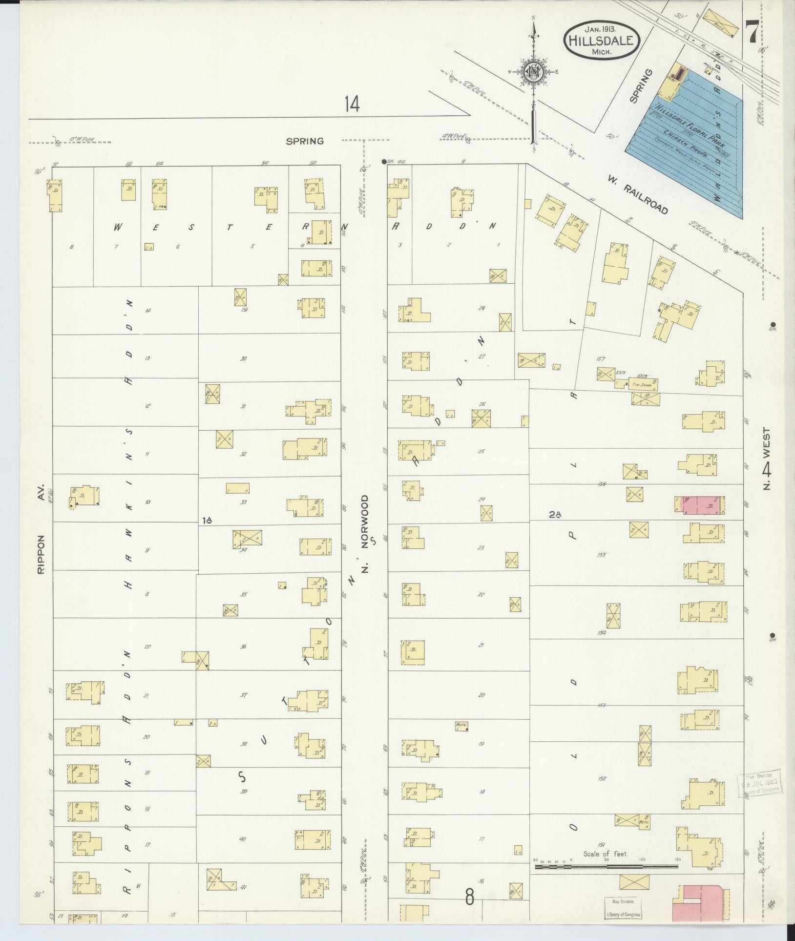 Sanborn Fire Insurance Map from Hillsdale, Hillsdale County, Michigan (1913), Sheet #0007 - Complete Map Set gallery image, historic Sanborn map, vintage wall art, Michigan Michigan