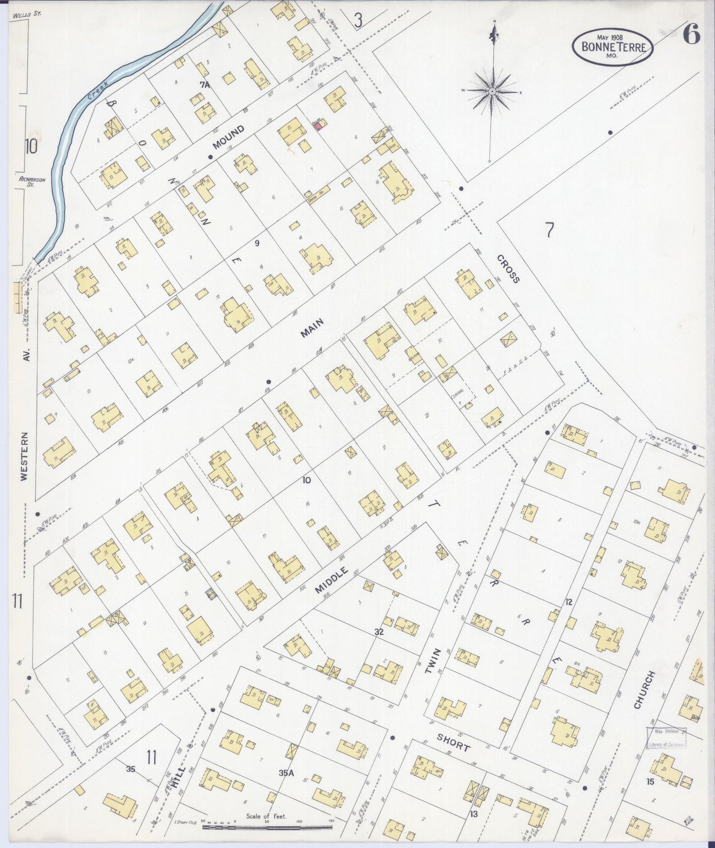Sanborn Fire Insurance Map from Bonne Terre, Saint Francois County, Missouri (1908), Sheet #0006 - Historic Sanborn Fire Insurance Map Print, vintage old map wall art, antique decor, genealogy gift, Missouri Missouri map