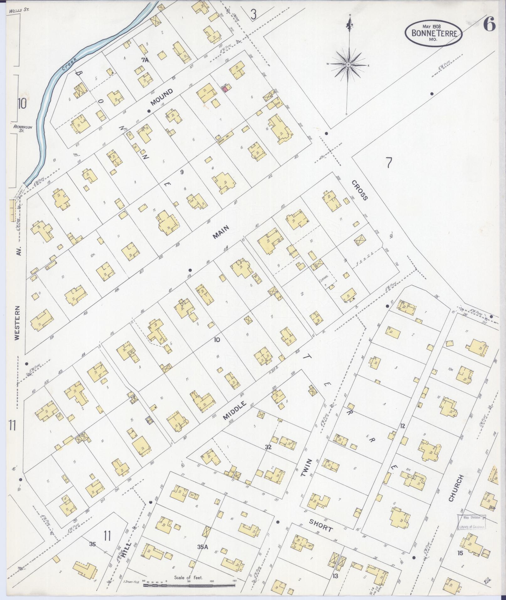 Sanborn Fire Insurance Map from Bonne Terre, Saint Francois County, Missouri (1908), Sheet #0006 - Historic Sanborn Fire Insurance Map Print, vintage old map wall art, antique decor, genealogy gift, Missouri Missouri map