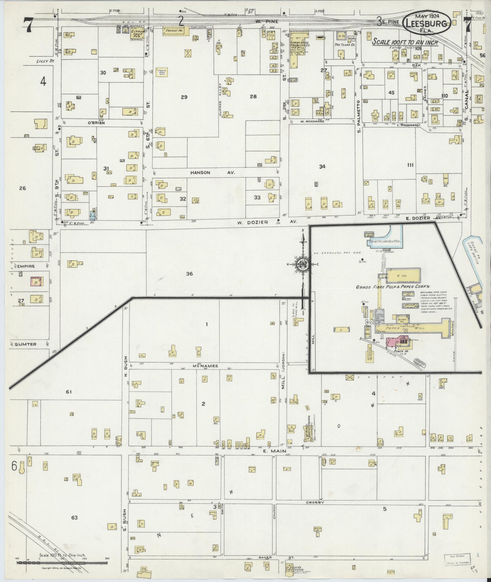 Sanborn Fire Insurance Map from Leesburg, Lake County, Florida (1924), Sheet #0007 - Complete Map Set gallery image, historic Sanborn map, vintage wall art, Florida Florida