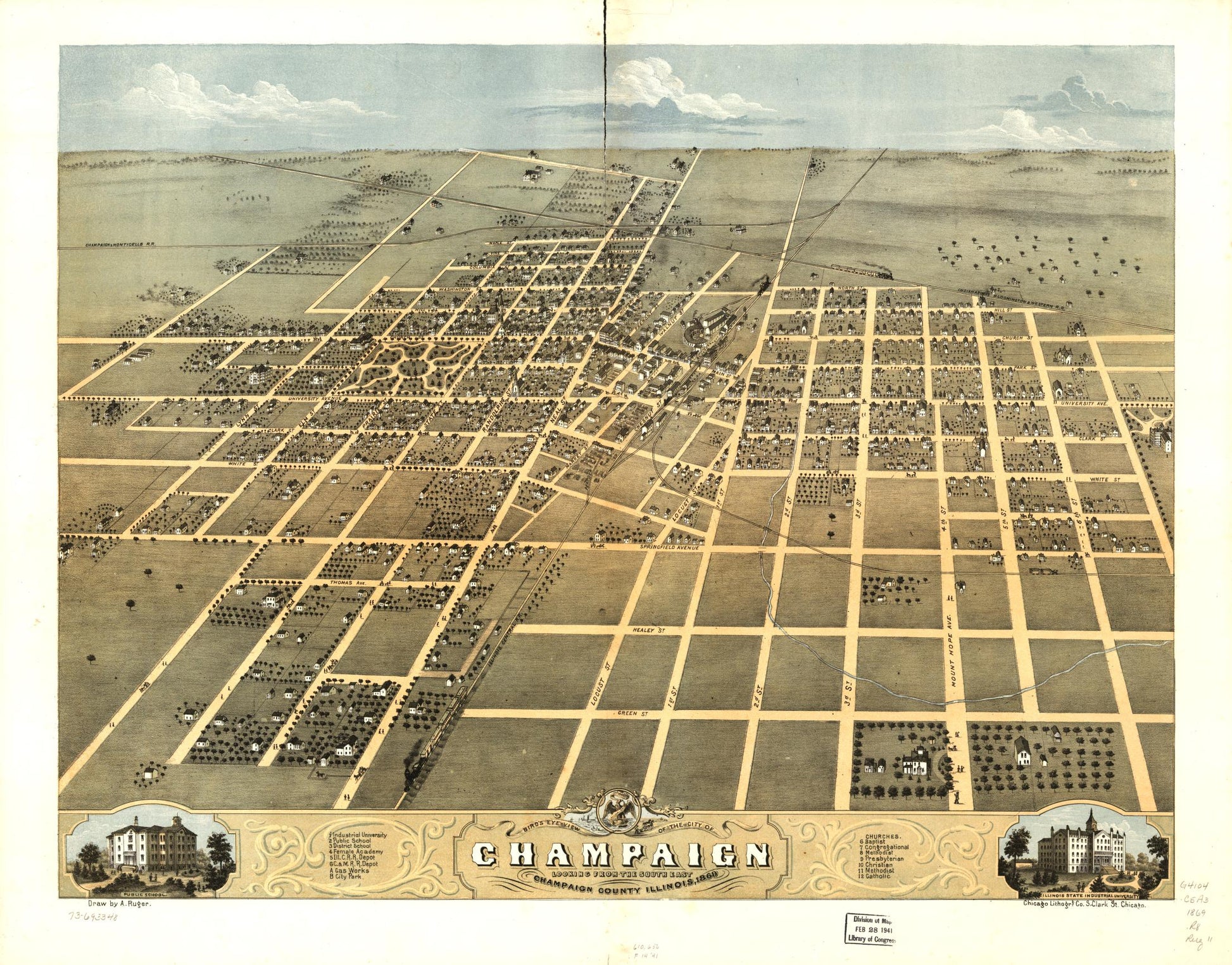 Bird's eye view of the city of Champaign, Champaign County, Illinois 1869. (1869) – Historic Bird’s-Eye View Panorama Print