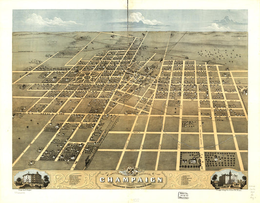 Bird's eye view of the city of Champaign, Champaign County, Illinois 1869. (1869) – Historic Bird’s-Eye View Panorama Print