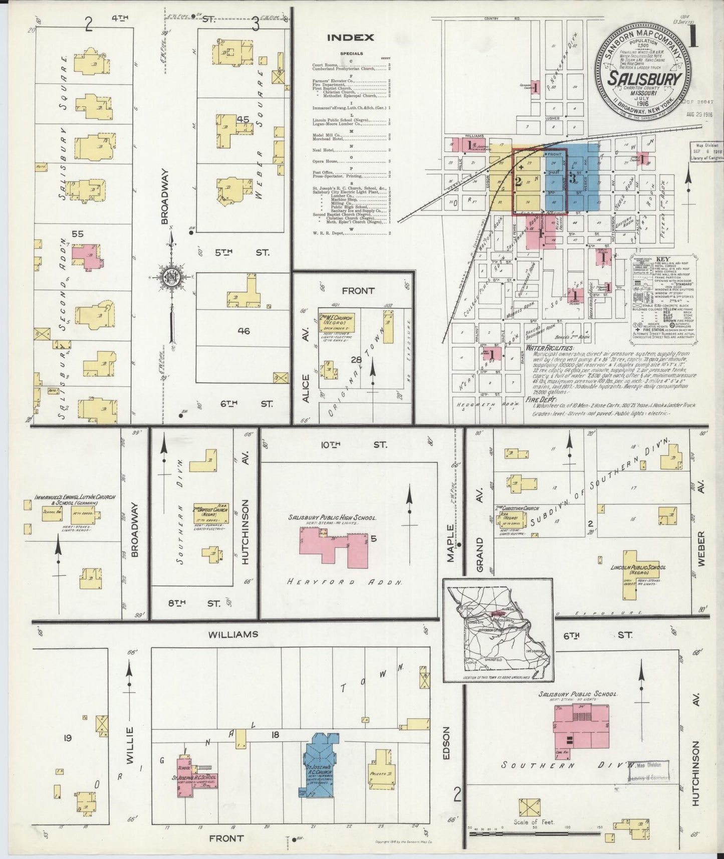 Sanborn Fire Insurance Map from Salisbury, Chariton County, Missouri (1916), Sheet #0001 - Historic Sanborn Fire Insurance Map Print, vintage old map wall art, antique decor, genealogy gift, Missouri Missouri map
