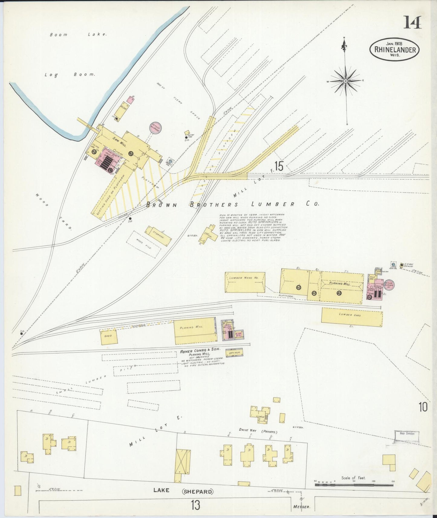 Sanborn Fire Insurance Map from Rhinelander, Oneida County, Wisconsin (1908), Sheet #0014 - Historic Sanborn Fire Insurance Map Print, vintage old map wall art, antique decor, genealogy gift, Wisconsin Wisconsin map