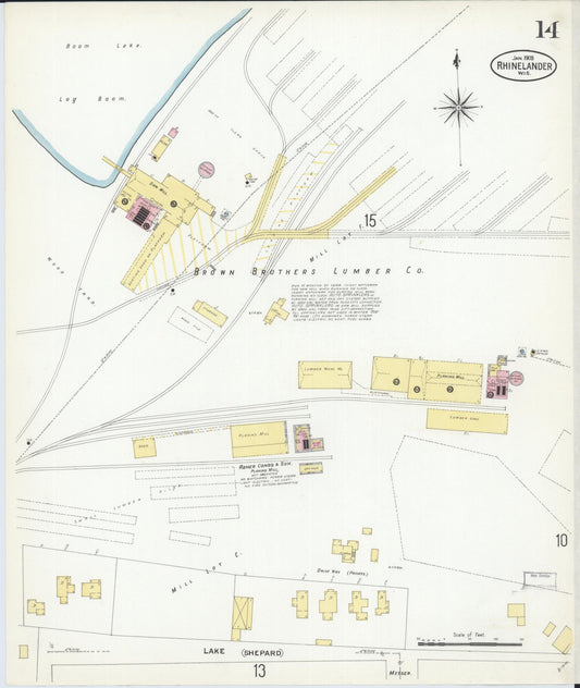Sanborn Fire Insurance Map from Rhinelander, Oneida County, Wisconsin (1908), Sheet #0014 - Historic Sanborn Fire Insurance Map Print, vintage old map wall art, antique decor, genealogy gift, Wisconsin Wisconsin map