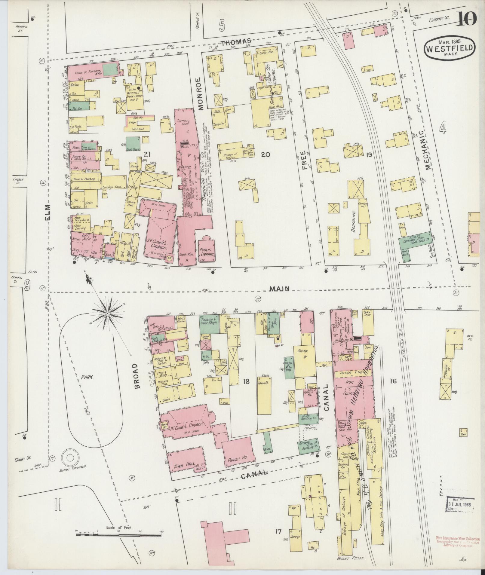 Sanborn Fire Insurance Map from Westfield, Hampden County, Massachusetts (1895), Sheet #0010 - Historic Sanborn Fire Insurance Map Print, vintage old map wall art, antique decor, genealogy gift, Massachusetts Massachusetts map